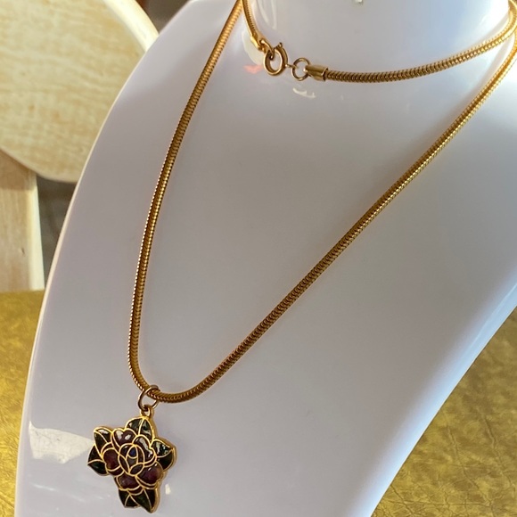 Vintage Gold Floral Enamel Necklace with Pink and Green Accents - Picture 5 of 5